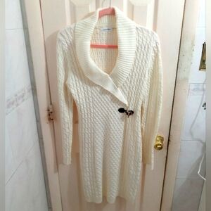 Calvin Klein Ivory Sheath Cowl Neck Leather Clip Sweater Dress Size Large